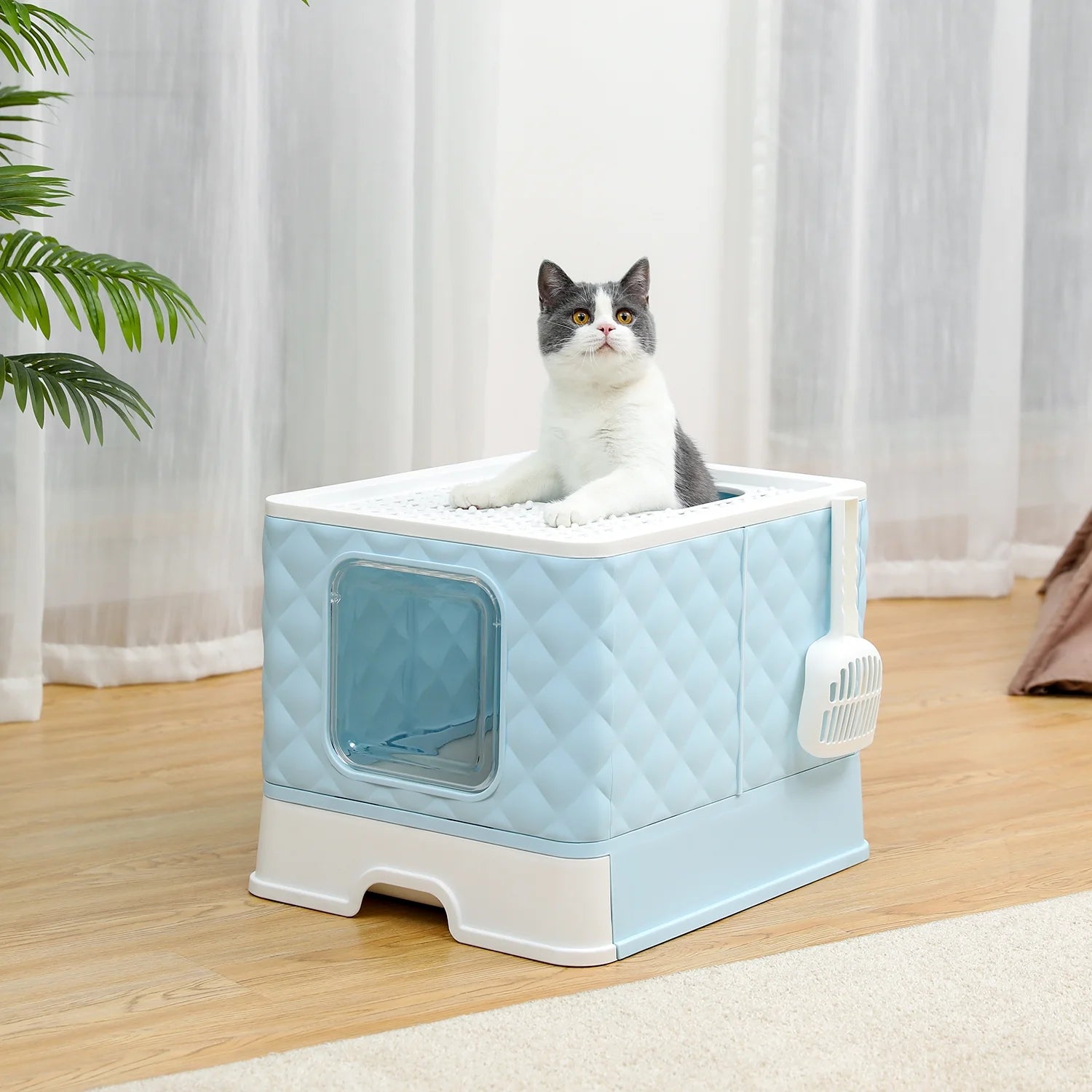 Covered Cat Litter Box Large Cat Toilet Box Drawer Type Easy to Clean,Blue