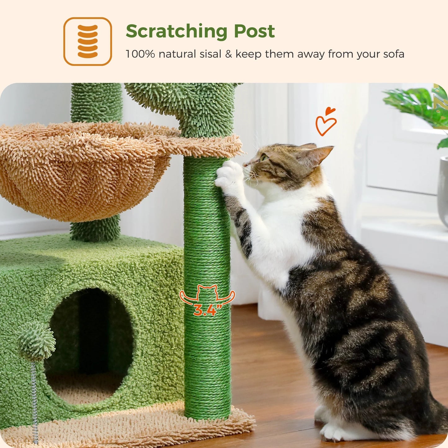 Cat Tree 33" Cute Cactus Cat Scratching Posts Tower with Large Top Perch and Hammock for Medium Indoor Cats, Green