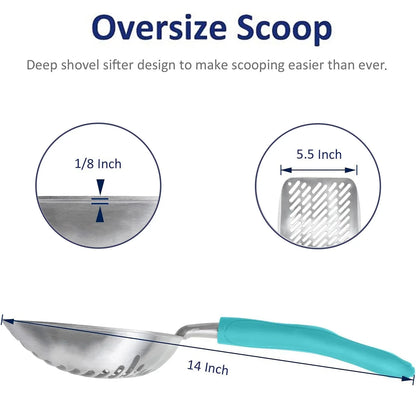 Cat Litter Scoop, Metal, Deep Shovel Poop Sifting with Long Handle, Pooper Lifter Works with All Type of Cat Litter, Metal Kitty Litter Scooper for Litter Box with Holder(Cyan)