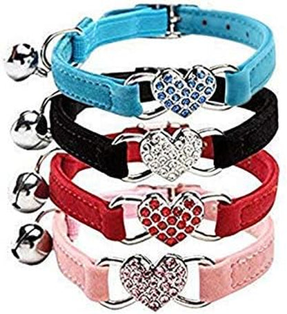 Adjustable Velvet Cat Collar with Crystal Heart Charm & Bells – Pink, Black, Red, Blue