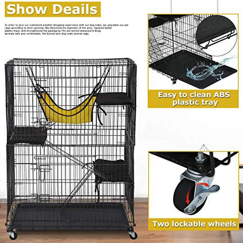 Cat Crate & Dog Kennel, 48", 3 Beds, 2 Doors, Ramp, Perches & Hammock