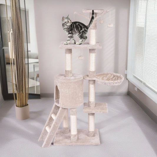 56" Cat Tree Tower for Indoor Cats with Ladder, Scratching Posts Cat Condo for Multiple Cats Jump Platform Cat Furniture Activity Center, Beige