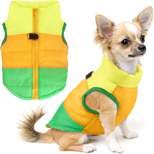 Pet Dog Cat Coat with Leash Anchor Color Patchwork Padded Puppy Vest Jacket Teddy Chihuahua Costumes Pug Cloth XS S M L (Large (Pack of 1), Green)