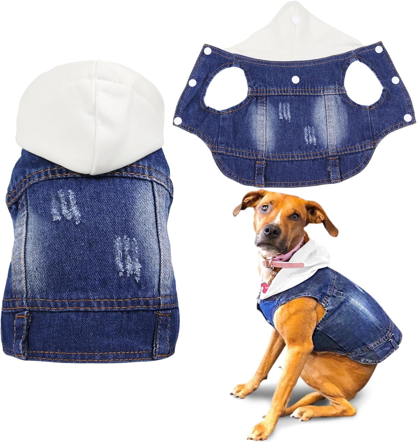 Pet Clothes Dog Jeans Jacket Cool Blue Denim Coat Small Medium Dogs Lapel Vests Classic Hoodies Puppy Blue Vintage Washed Clothes (White,L)