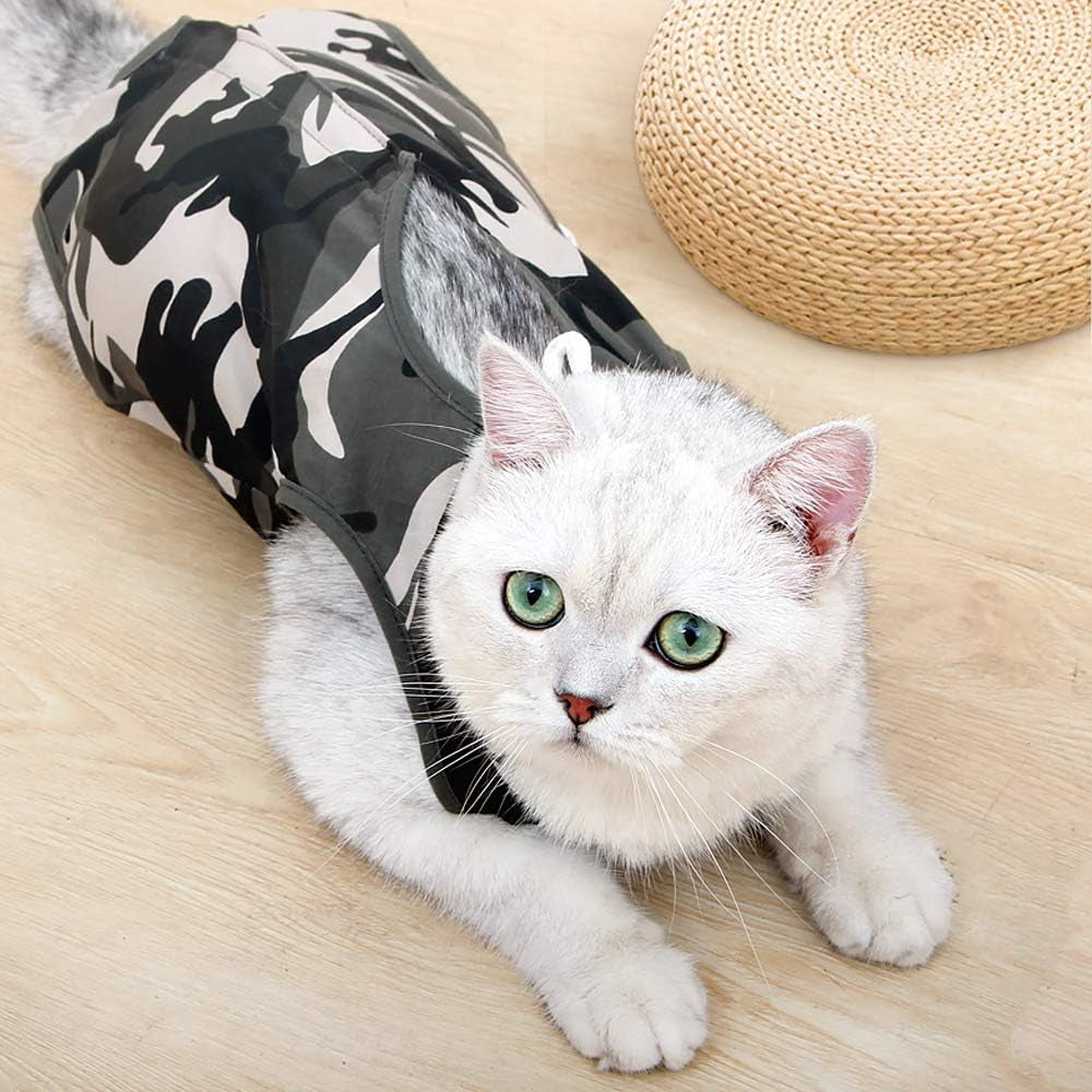 Cat Recovery Suit for Male and Female Surgical Post Surgery Soft Cone Onesie Shirt Clothes Neuter Licking Protective Diapers Outfit Cover Kitten Spay Collar(S, Camouflage)