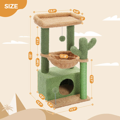 Cat Tree 33" Cute Cactus Cat Scratching Posts Tower with Large Top Perch and Hammock for Medium Indoor Cats, Green