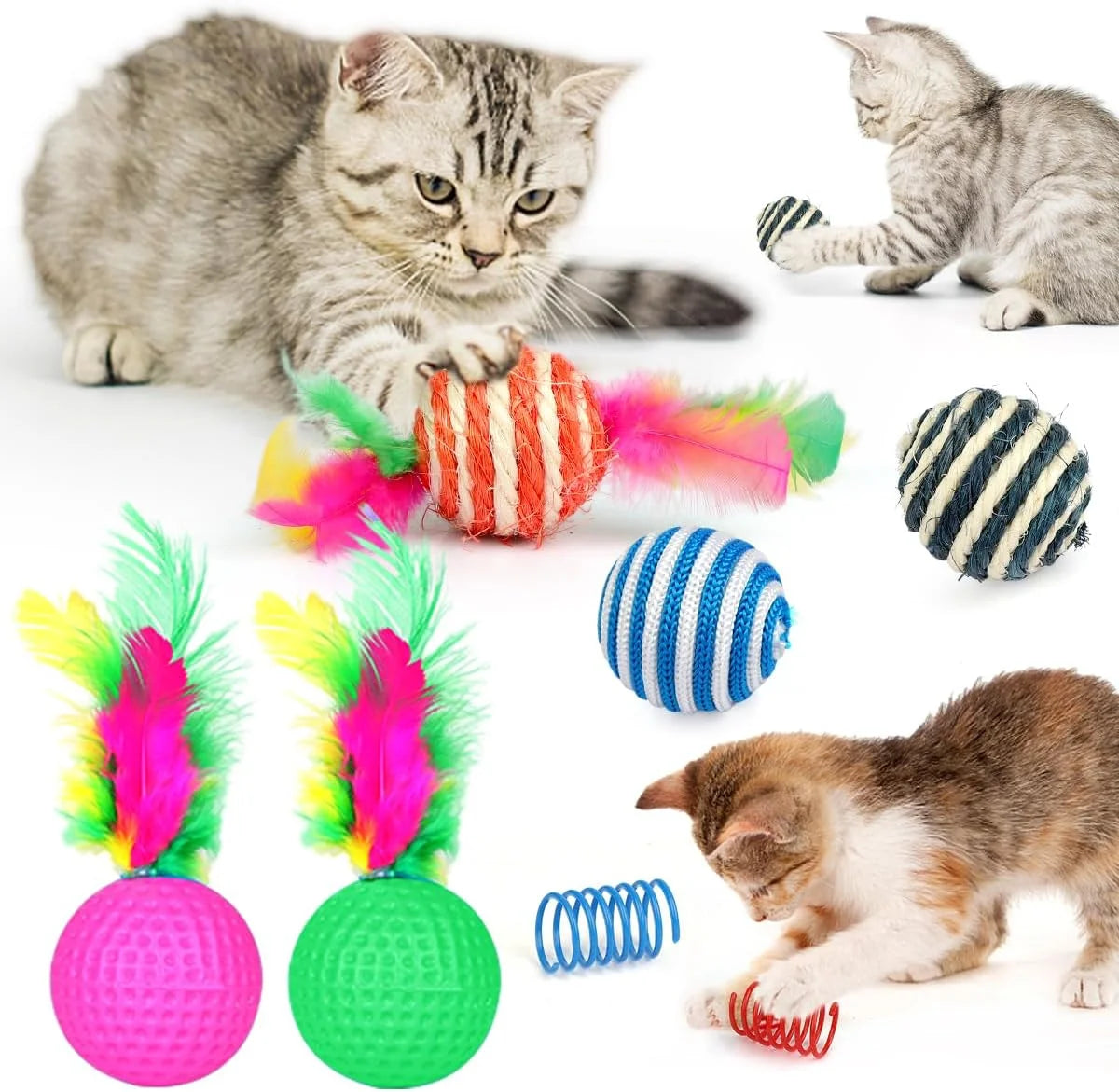 32 Pcs Cat Toys Kitten Toys, Interactive Variety Catnip Toys with Collapsible Rainbow Tunnel, Cat Feather Teaser Crinkle Balls Spring Toy for Cat, Kitty, Puppy