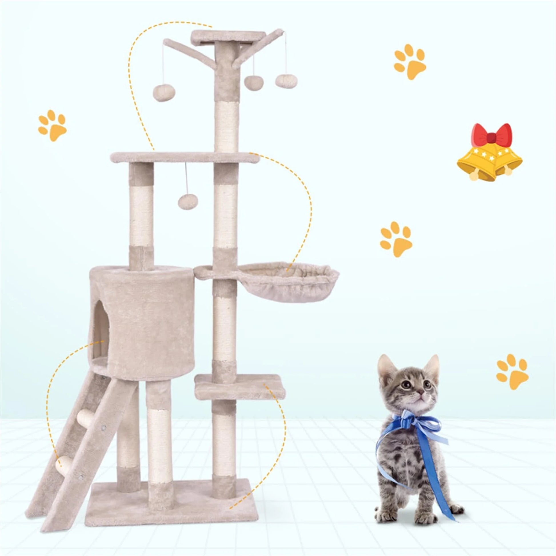 56" Cat Tree Tower for Indoor Cats with Ladder, Scratching Posts Cat Condo for Multiple Cats Jump Platform Cat Furniture Activity Center, Beige