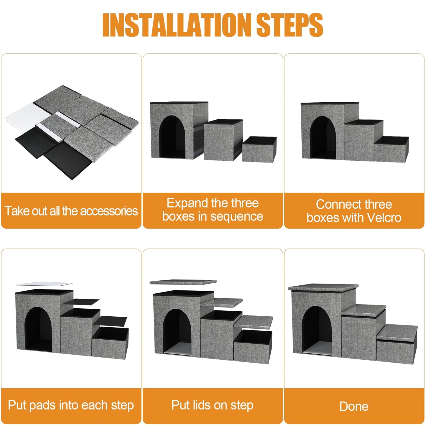 Dog Step Stair, 3-Step Pet Stairs with Storage Boxes, 17" Folding Dog Ramp Ladder for Small Medium Dogs